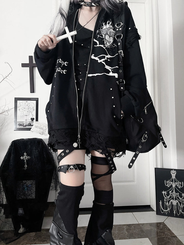 Original Print Subculture Dark Loose Cat Ear Distressed Hooded Sweatshirt Jacket Zip Up Hoodie Oversized Hoodie