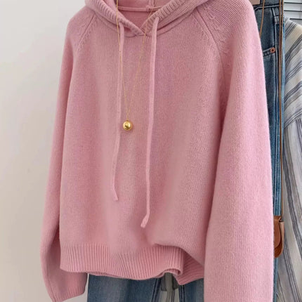 Hooded loose pullover 100%cashmere sweater  versatile solid-color wool knitted base layer for women 2025 new autumn and winter PlatiNum