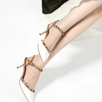 Lady autentici sandali in pelle cinturino con fibbia tacchi alti sottili scarpe alla moda Lock Gold Studs Dress Pumps 33-41 25cm White Blac