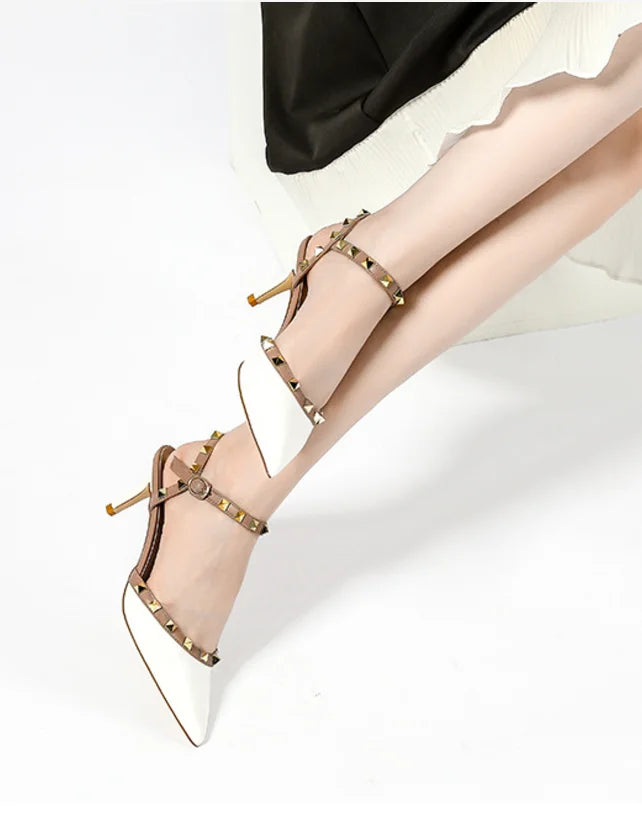 Lady autentici sandali in pelle cinturino con fibbia tacchi alti sottili scarpe alla moda Lock Gold Studs Dress Pumps 33-41 25cm White Blac