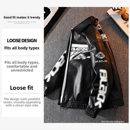 2026 New Men's American Racing Style Printed Leather Jacket Fashion Stand Collar Motorcycle Biker Coat Casual Outerwear PU