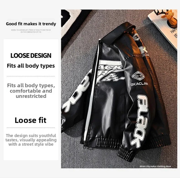 2026 New Men's American Racing Style Printed Leather Jacket Fashion Stand Collar Motorcycle Biker Coat Casual Outerwear PU