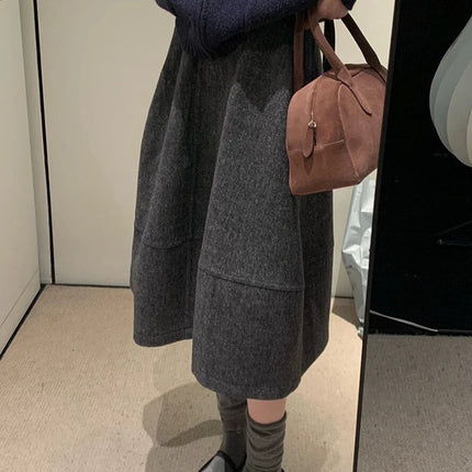 Vintage Woolen Midi Skirt Women Harajuku Streetwear High Waist Skirts Autumn Winter Ladies Korean Casual Design A Line Faldas PlatiNum