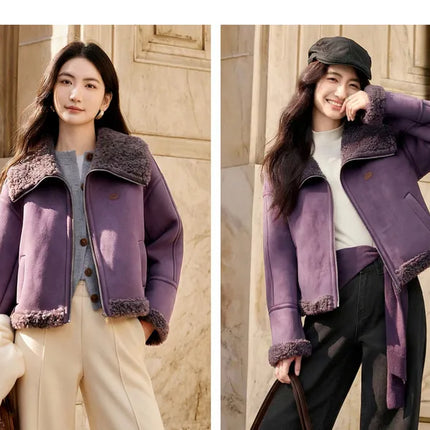 SENTUBILA Women's Faux Suede Coat Plush Lapel Zipper Faux Leather Cropped Jacket 2026 Winter Retro Ladies Outerwear W54PD5913