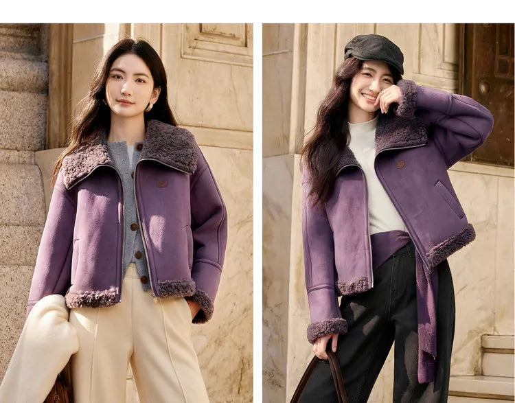 SENTUBILA Women's Faux Suede Coat Plush Lapel Zipper Faux Leather Cropped Jacket 2026 Winter Retro Ladies Outerwear W54PD5913