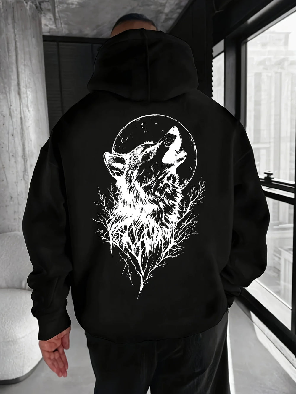 Wolf pattern back print, hooded sweatshirt, pocket sports hoodie, streetwear