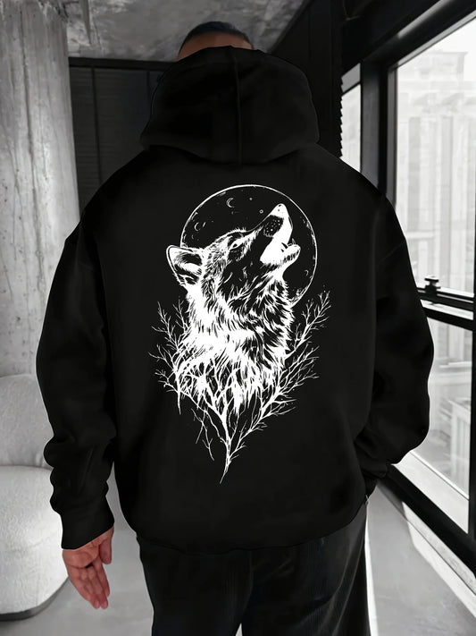 Wolf pattern back print, hooded sweatshirt, pocket sports hoodie, streetwear
