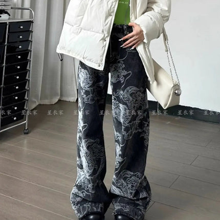 Donne Nero Gotico Drago Stampa Jeans Baggy Vintage Estetica Pantaloni Da Cowboy Harajuku Pantaloni In Denim Y2k Trashy 2000s Vestiti 2024