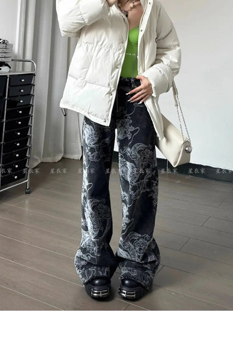 Donne Nero Gotico Drago Stampa Jeans Baggy Vintage Estetica Pantaloni Da Cowboy Harajuku Pantaloni In Denim Y2k Trashy 2000s Vestiti 2024