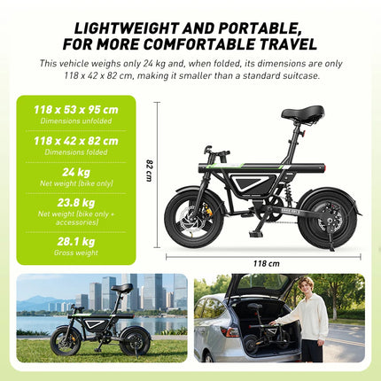 Bicicletta Elettrica EB1S da 14 Pollici, Motore 250W, Batteria 12Ah, Autonomia 30-50km, 3 Velocità, Velocità Massima 25km/h, Sospensione Centrale, E-Bike Pieghevole per Città, Bicicletta Elettrica per Adulti con Controllo
