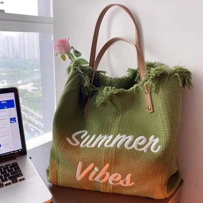 Women's Canvas Bags Large Beach Bag Tote Shopping Bags Underarm Shoulder Bag for Female Casual Top-Handle Purses