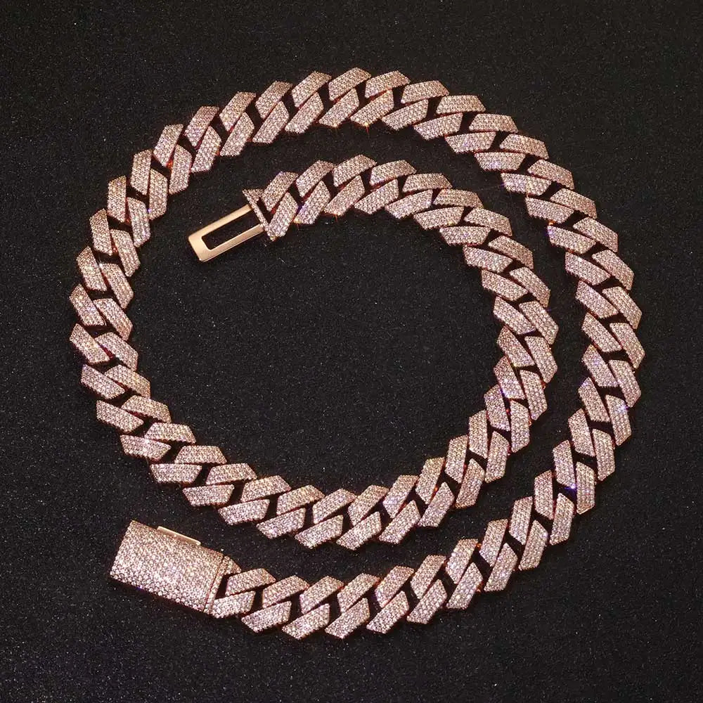 Bracciale cubano placcato oro rosa da donna da 15 mm Collana da uomo Miami in ottone con zirconi cubici brillanti hip-hop congelati