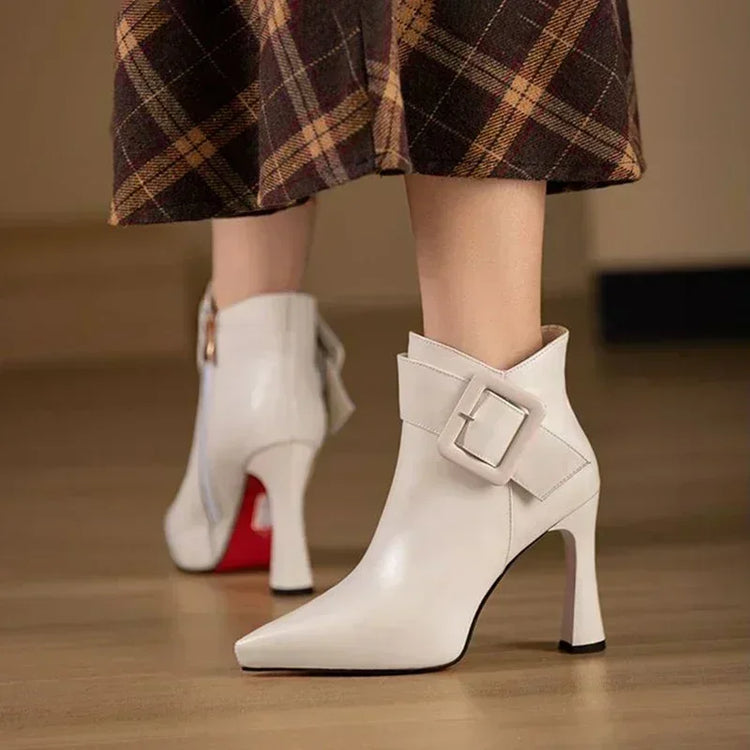 Women's Elegant High Heels Ankle Boots 2025 Spring Belt Buckle Pu Leather Short Boots Woman Plus Size 43 Thin Heeled Party Shoes