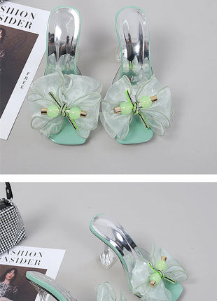Liyke 2026 Nouvelle Mode 9CM Pantoufles à Talon Transparent Fil Net Rose Nœud Papillon Sandales d'Été Chaussures Transparentes pour Femmes Claquettes Présentations des entreprises productrices de jeux