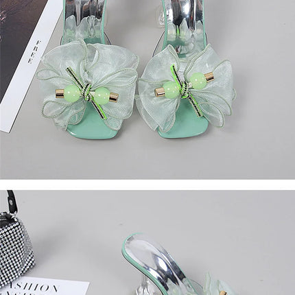 Liyke 2026 Nouvelle Mode 9CM Chaussons à Talon Transparent Filet Rose Nœud Papillon Sandales d'Été Chaussures Transparentes pour Femmes Claquettes Présentations des entreprises de fabrication de jeux