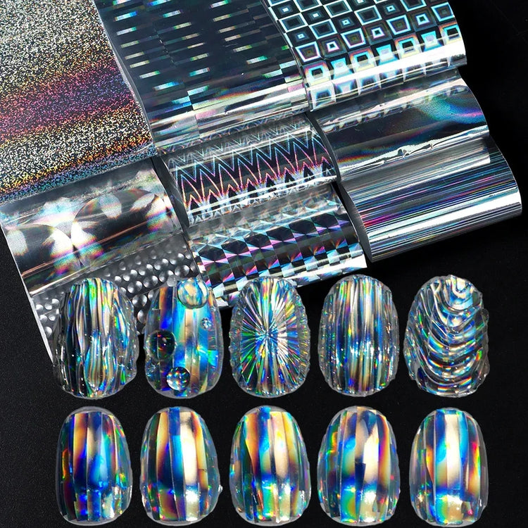 10pcs Holographic Chrome Silver Nail Art Foil Transfer Stickers Irridescent Rainbow Geometric Aurora Laser Nail Foils Decoration 2028