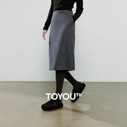 TOYOUTH Women Midi Skirts 2025 Winter NewAsymmetric Dark Gray Speckled Wool Blend Office Pencil Midi Skirt PlatiNum