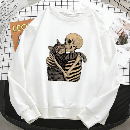 Vintage High Quality Retro Skull with Cat Womens Hoodies Warm Fleece Sweatshirt Soft O-Neck Pullover Casual Female Clothes