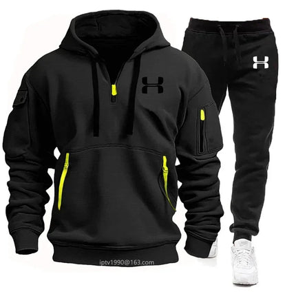 Men new autumn and winter multi-pocket zipper long-sleeved hoodie + sports and leisure pants two-piece fitness jogging suit PlatiNum