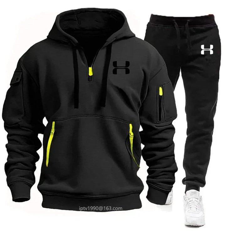 Men new autumn and winter multi-pocket zipper long-sleeved hoodie + sports and leisure pants two-piece fitness jogging suit PlatiNum