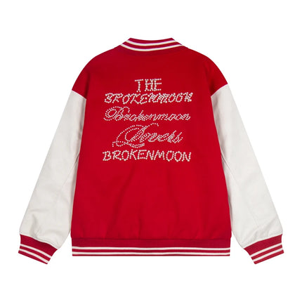 Broken Pearl Rhinestone Patchwork Leather Sleeve Baseball Jacket High Street Casual Loose Jacket Street Hip-hop Rock Fashion