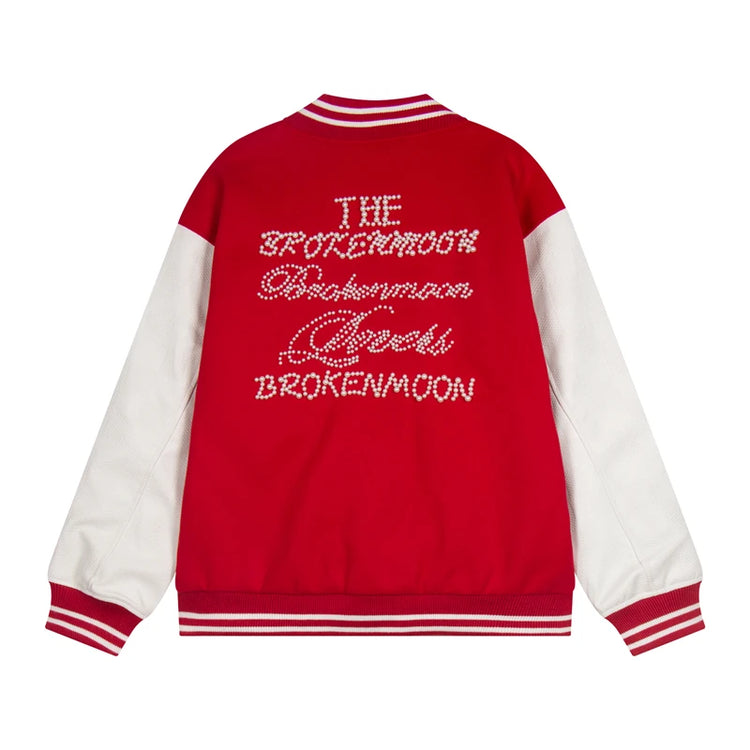 Broken Pearl Rhinestone Patchwork Leather Sleeve Baseball Jacket High Street Casual Loose Jacket Street Hip-hop Rock Fashion