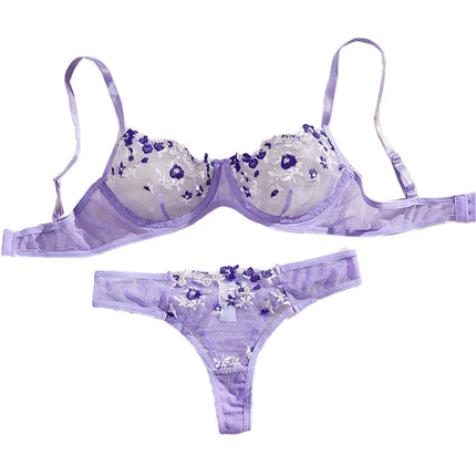 Embroidery Women's Transparent Mesh Underwear Two-piece Bra And Panties Sets