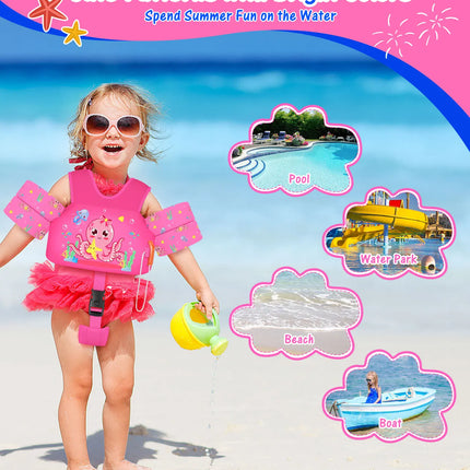 Kids Swim Vest for Toddlers Floaties for Swimming Armbands 15-70 lbs Cartoon Swim Water Wings with Crotch Strap Child Pool Floats Vest
