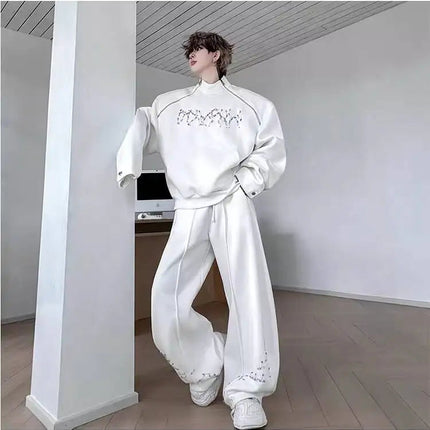 LUZHEN Fashion Street Two-piece Sets Men's Zipper Shoulder Design Long Sleeve Sweatshirt 2025 Autumn Loose Wide Leg Pants JY3912 PlatiNum