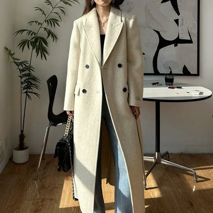 High-end White Thick Double-sided Wool Cashmere Coat Long Women Fashion Casual Loose Lapel Lace-up Woolen Jacket Autumn Winter