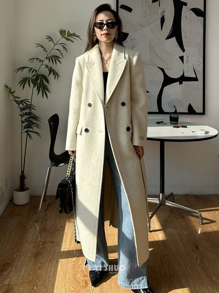 High-end White Thick Double-sided Wool Cashmere Coat Long Women Fashion Casual Loose Lapel Lace-up Woolen Jacket Autumn Winter
