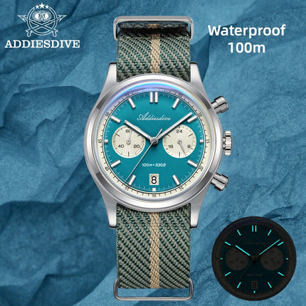 ADDIESDIVE AD2542 Luxury Quartz Chronograph Watch for Men Japanese 0S21 Movement 38mm Stainless Steel Case BGW9 Lume 100M Waterp