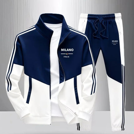 Men 2 Piece Tracksuit Fashion Milano Italia Print Stand Collar Full Zip Jacket Drawstring Jogger Suits Athletic Casual Outfit