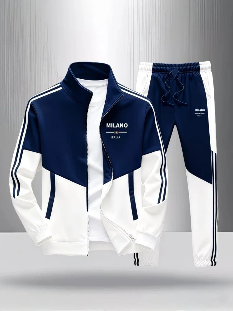 Men 2 Piece Tracksuit Fashion Milano Italia Print Stand Collar Full Zip Jacket Drawstring Jogger Suits Athletic Casual Outfit