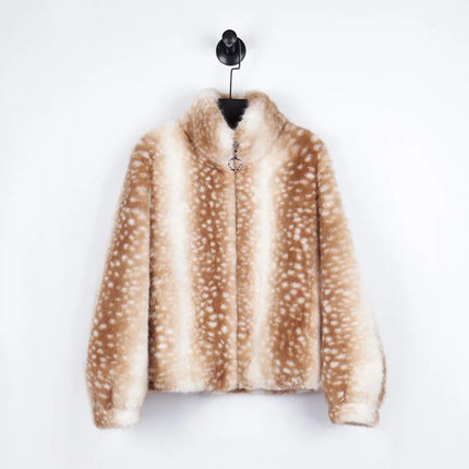 ZADORIN Luxury Mink Coat Deer Pattern Furry Faux Fur Coat Woman Stand Collar Zipper Faux Fur Jackets Winter Coats For Woman Tops