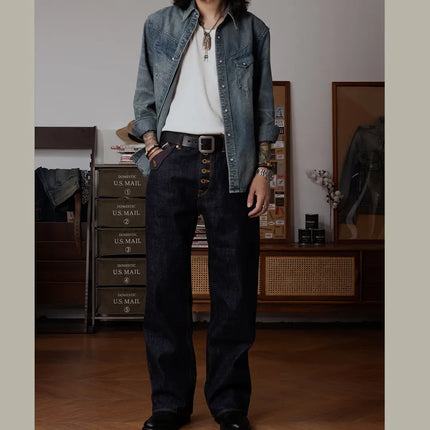 Red Tornado Retro Heavy 18oz Raw Selvedge Denim Pants Sanforized Button Fly High Waist Flap Pocket Carpenter Style Jeans