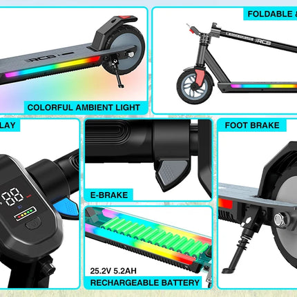 Monopattino elettrico pieghevole RCB R12 Pro W per bambini, autonomia 18 km/h, autonomia 15 km, schermo LED, luce RGB, per bambini dai 6 ai 12 anni
