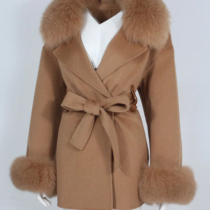 OFTBUY Real Fur Coat Winter Jacket Women Natural Fox Fur Collar Cuffs Belt Cashmere Wool Woolen Ladies Outerwear Streetwear