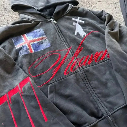 American Retro Streetwear Men's Suit Two-piece Set Goth Harajuku Zipper Hoodie High Street Trendy Casual Sports Suit Sweatshirt PlatiNum