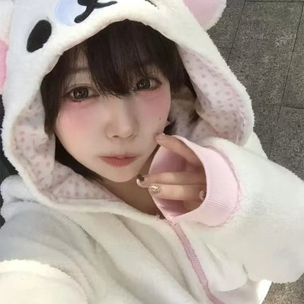 Cute Japan Bear Sleepwear Rilakkuma Y2K Hoodie Pajama Set Girls Fleece Lined Hooded Homewear Suit Autumn Winter Loungewear New