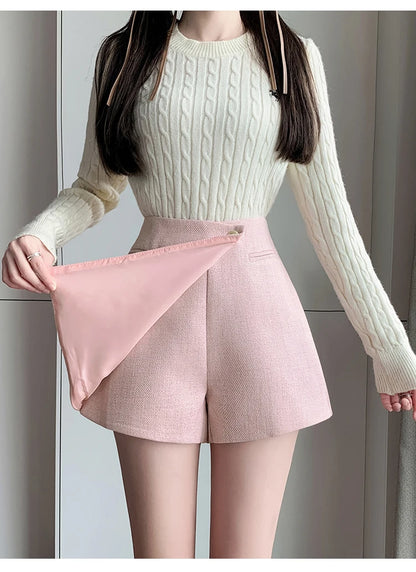 Autumn New Solid Woolen Shorts Skirt For Women 2025 New Fall Winter Small Fragrant Style Buttons Deco High Waisted Tweed Shorts