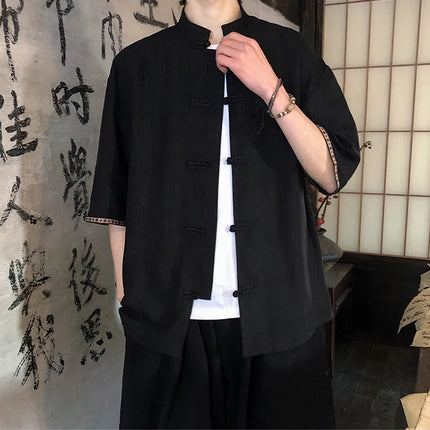 Camicie retrò da uomo, estive, eleganti, larghe, casual, leggere, sottili, traspiranti, in stile cinese, vintage, con calligrafia tradizionale.