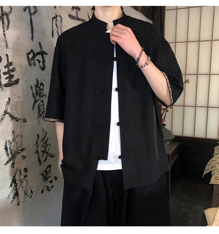 Camicie retrò da uomo, estive, eleganti, larghe, casual, leggere, sottili, traspiranti, in stile cinese, vintage, con calligrafia tradizionale.