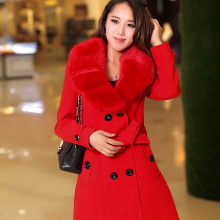 Mid Length Wool Coats Women Fur Collar Splice Blends Korean Full Sleeve Double Breasted Lace Up Belt Thick Warm Winter Jackets
