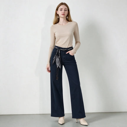 Women's Dark Blue Wide Leg Jeans, High Waist with Decorative Scarf Band, Comfortable Denim Urban Casual Style, All-Season Pants，Fx1338-7
