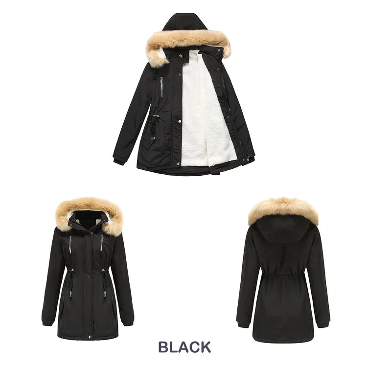 Women's Winter Coat Warm Fleece Lined Parka Detachable Faux Fur Hood Padded Jacket Slim Waist Thick Sherpa Loose Cotton Outwear