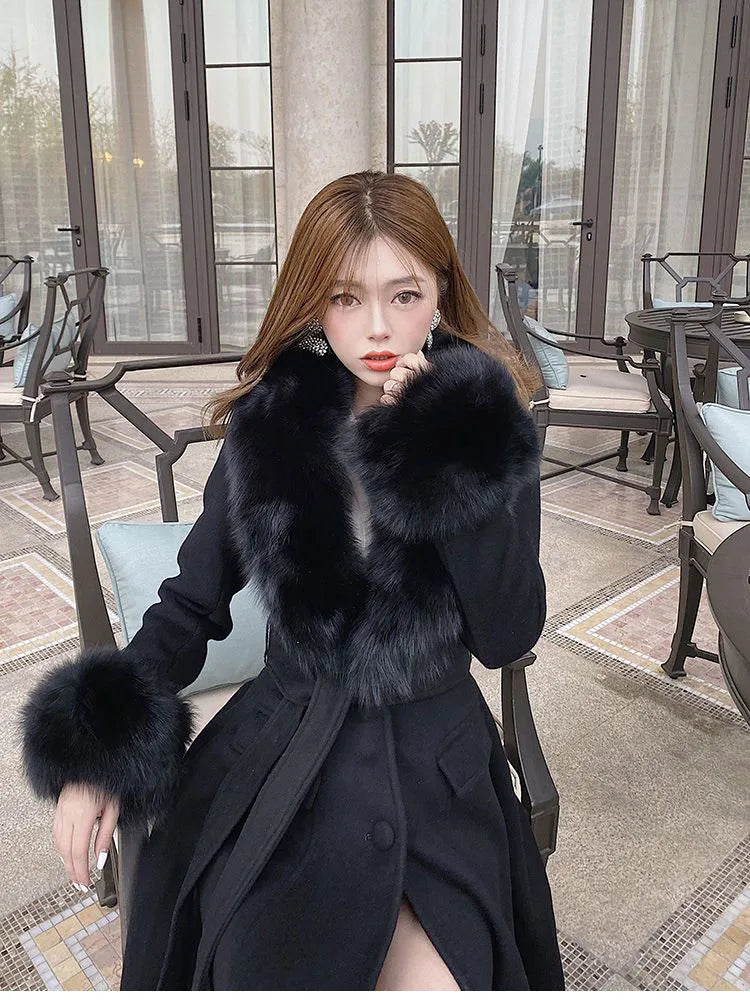 Women Fashion Long Luxury Overcoat Female Winter Coats Fur Collar Warm Elegant Thicken Solid Colo Woolen Jackets Abrigos Mujer