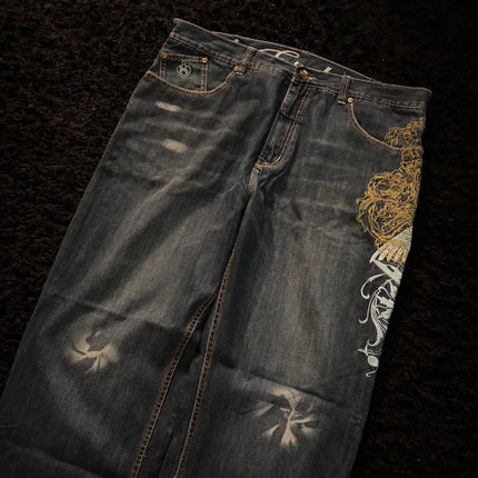American New Fashion modello oversize ricamato jeans larghi uomo Y2K gotico Harajuku Hip Hop pantaloni dritti a vita alta a gamba larga