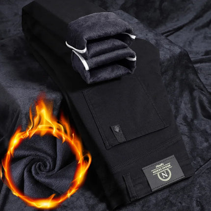 2024 New Winter Fleece Casual Pants Men's Straight Slim Thick Warm Male Business Fashion Casual Elastic Comfort Velvet Trousers