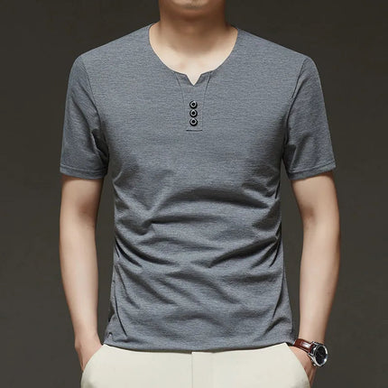 2025 New Men's Business Casual Three Button V-neck Short Sleeved T-shirt Korean Style Summer Comfortable Versatile Top PlatiNum